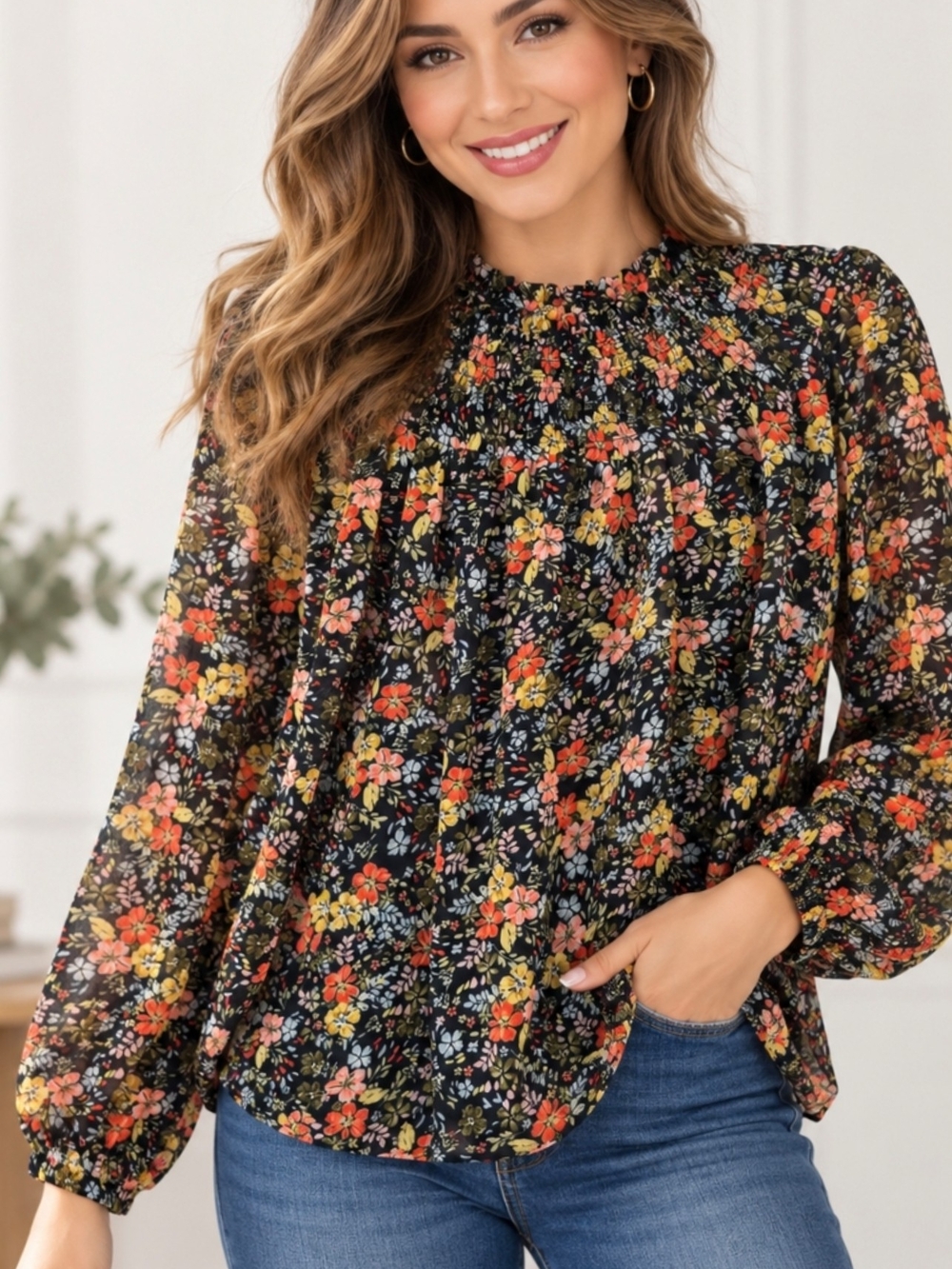 LOFT Women’s Floral Blouse Size M Black Multicolor Long Sleeve Sheer Ruffle Neck